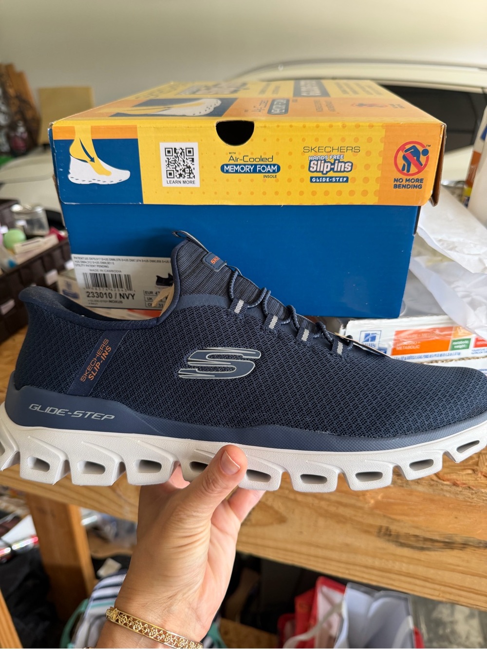 Skechers Men’s Glide-Step Slip-On Sneakers in Navy and White